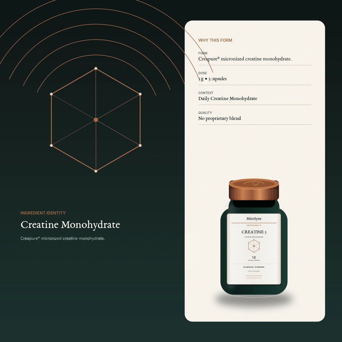 MitoSyne Creatine 3 — Creatine Monohydrate, 3 g — Ingredient identity / mechanism-safe visual