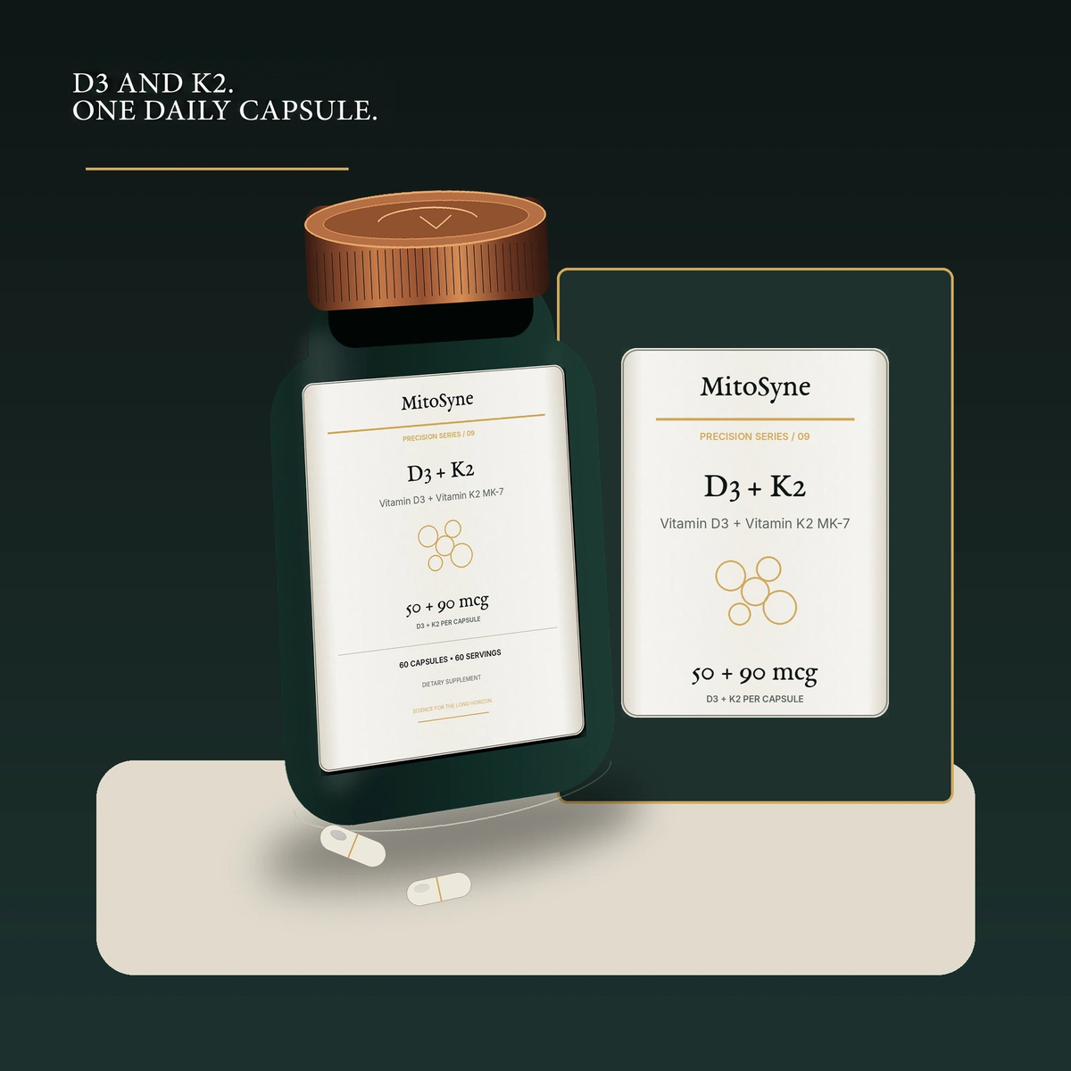 MitoSyne D3 + K2 — Vitamin D3 + Vitamin K2 MK-7, 50 + 90 mcg — Secondary three-quarter angle