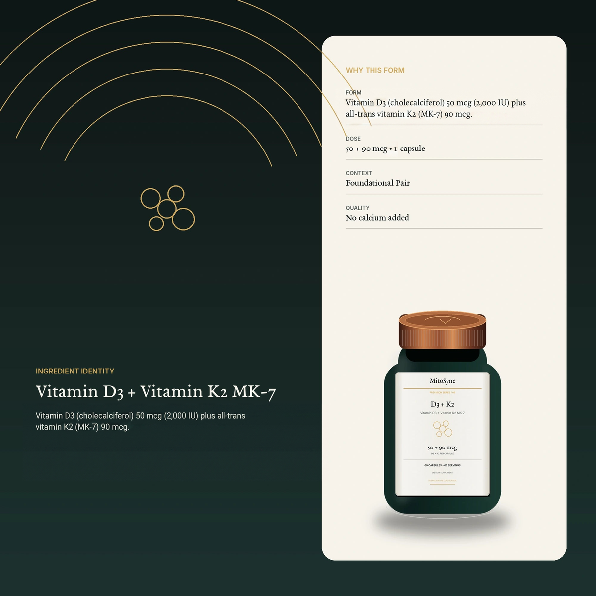 MitoSyne D3 + K2 — Vitamin D3 + Vitamin K2 MK-7, 50 + 90 mcg — Ingredient identity / mechanism-safe visual