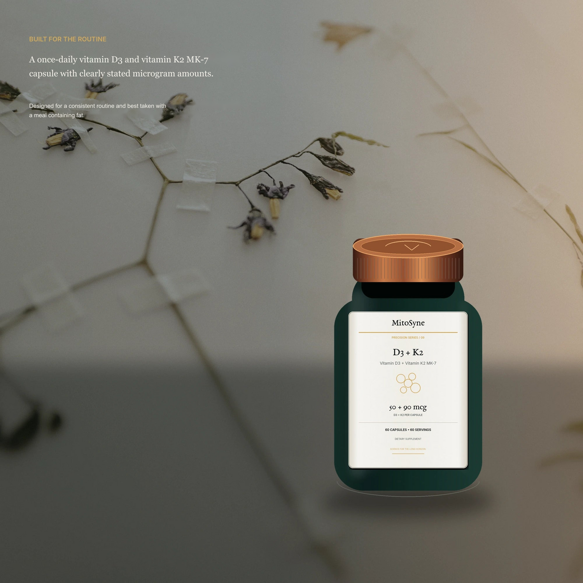 MitoSyne D3 + K2 — Vitamin D3 + Vitamin K2 MK-7, 50 + 90 mcg — Premium routine context