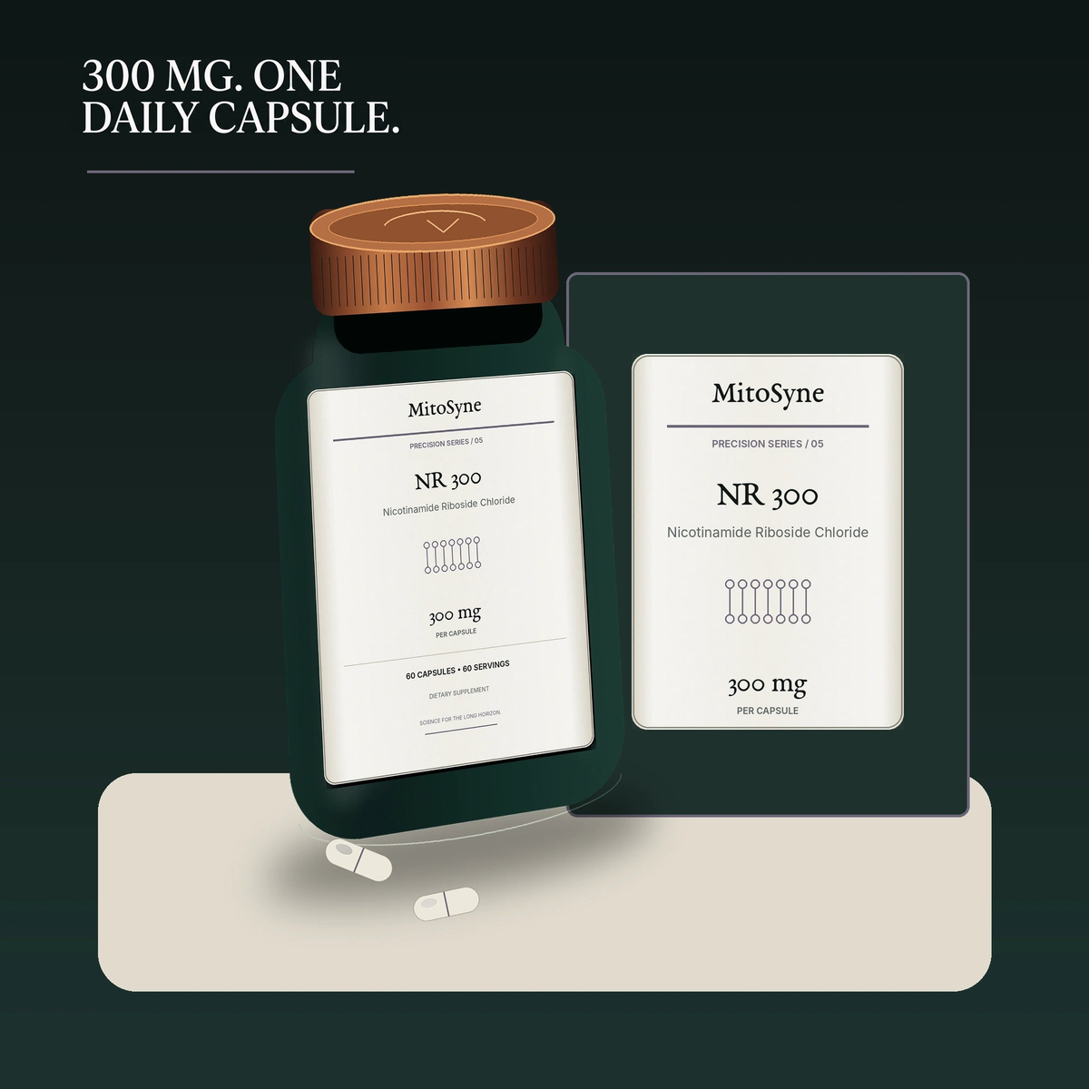 MitoSyne NR 300 — Nicotinamide Riboside Chloride, 300 mg — Secondary three-quarter angle