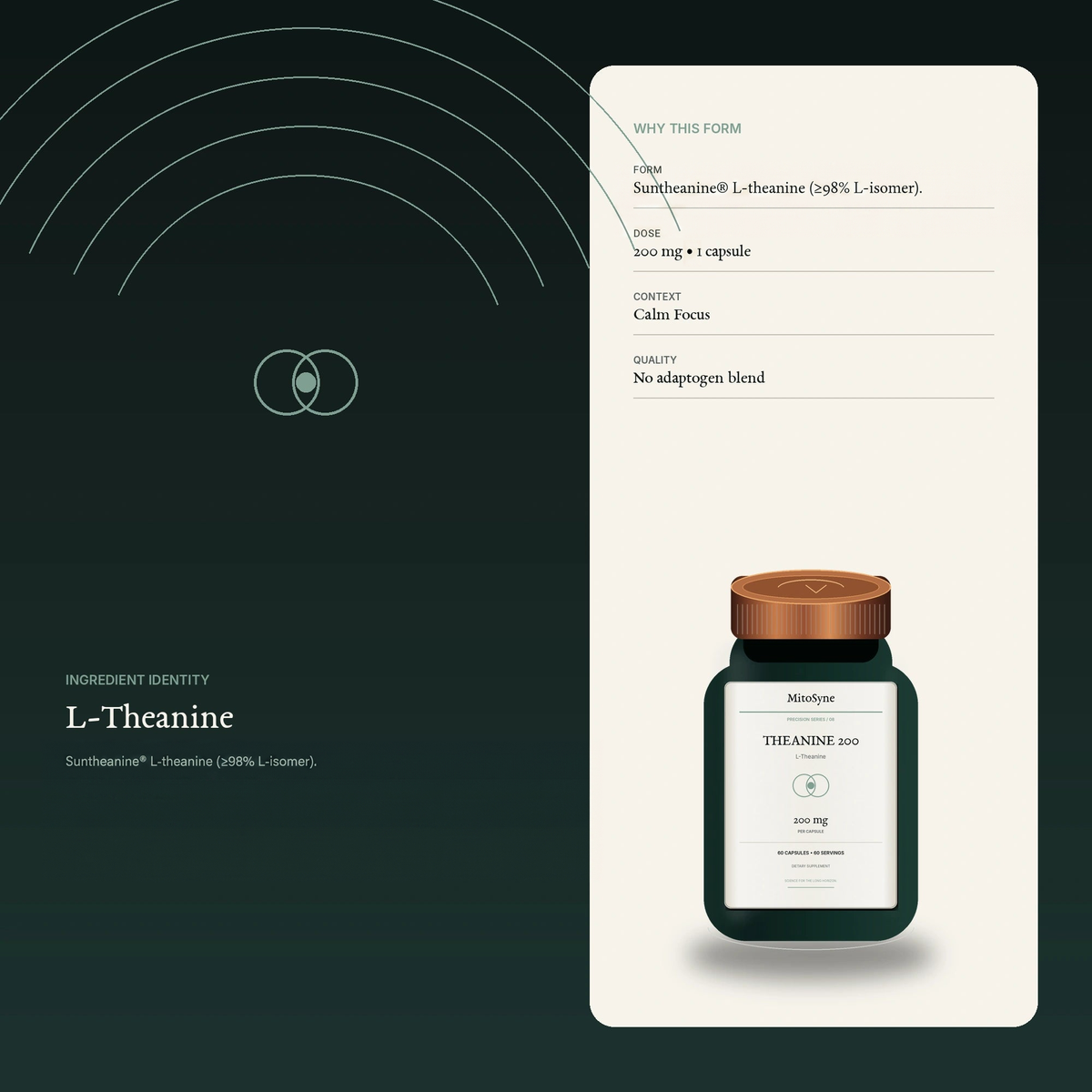 MitoSyne Theanine 200 — L-Theanine, 200 mg — Ingredient identity / mechanism-safe visual