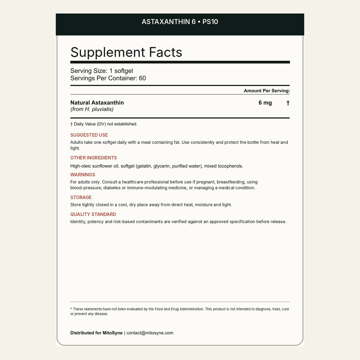 MitoSyne Astaxanthin 6 — Natural Astaxanthin, 6 mg — Final back label