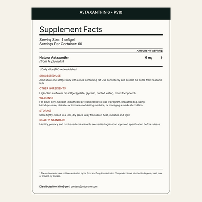 MitoSyne Astaxanthin 6 — Natural Astaxanthin, 6 mg — Final back label