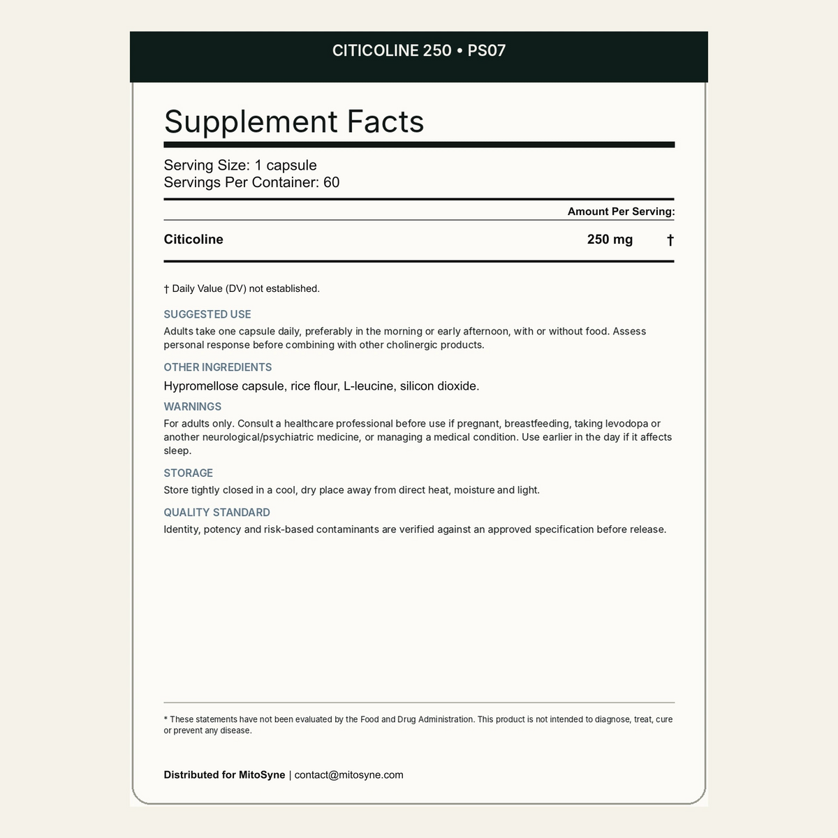 MitoSyne Citicoline 250 — Citicoline, 250 mg — Final back label