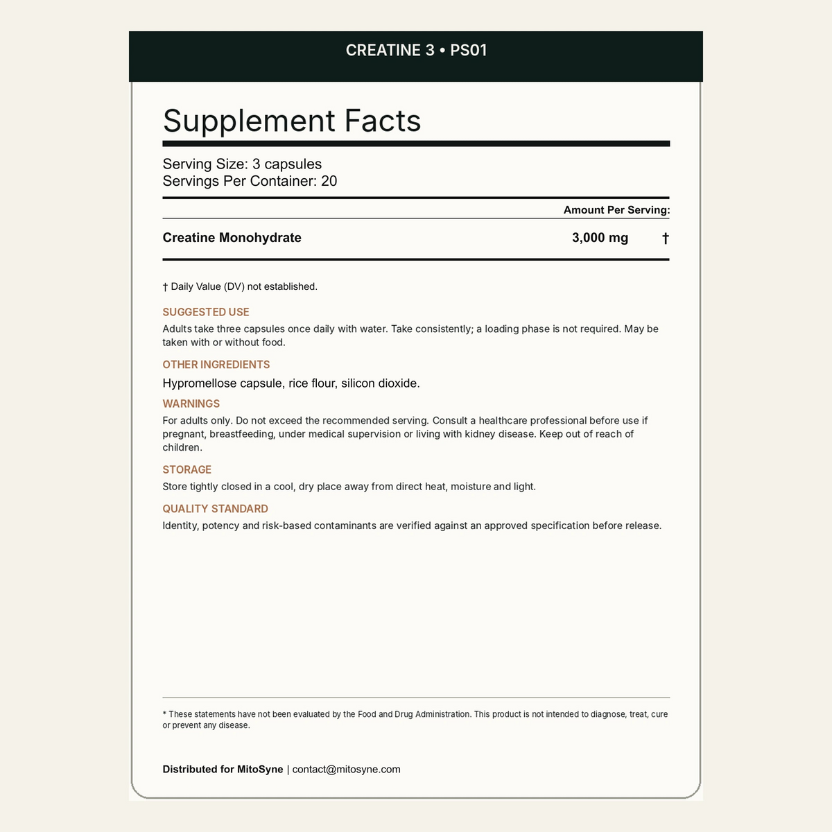 MitoSyne Creatine 3 — Creatine Monohydrate, 3 g — Final back label