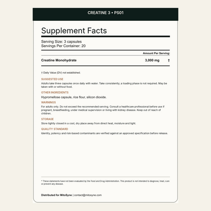 MitoSyne Creatine 3 — Creatine Monohydrate, 3 g — Final back label