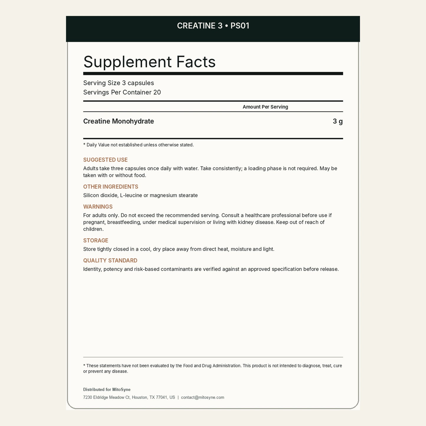 MitoSyne Creatine 3 — Creatine Monohydrate, 3 g — Final back label