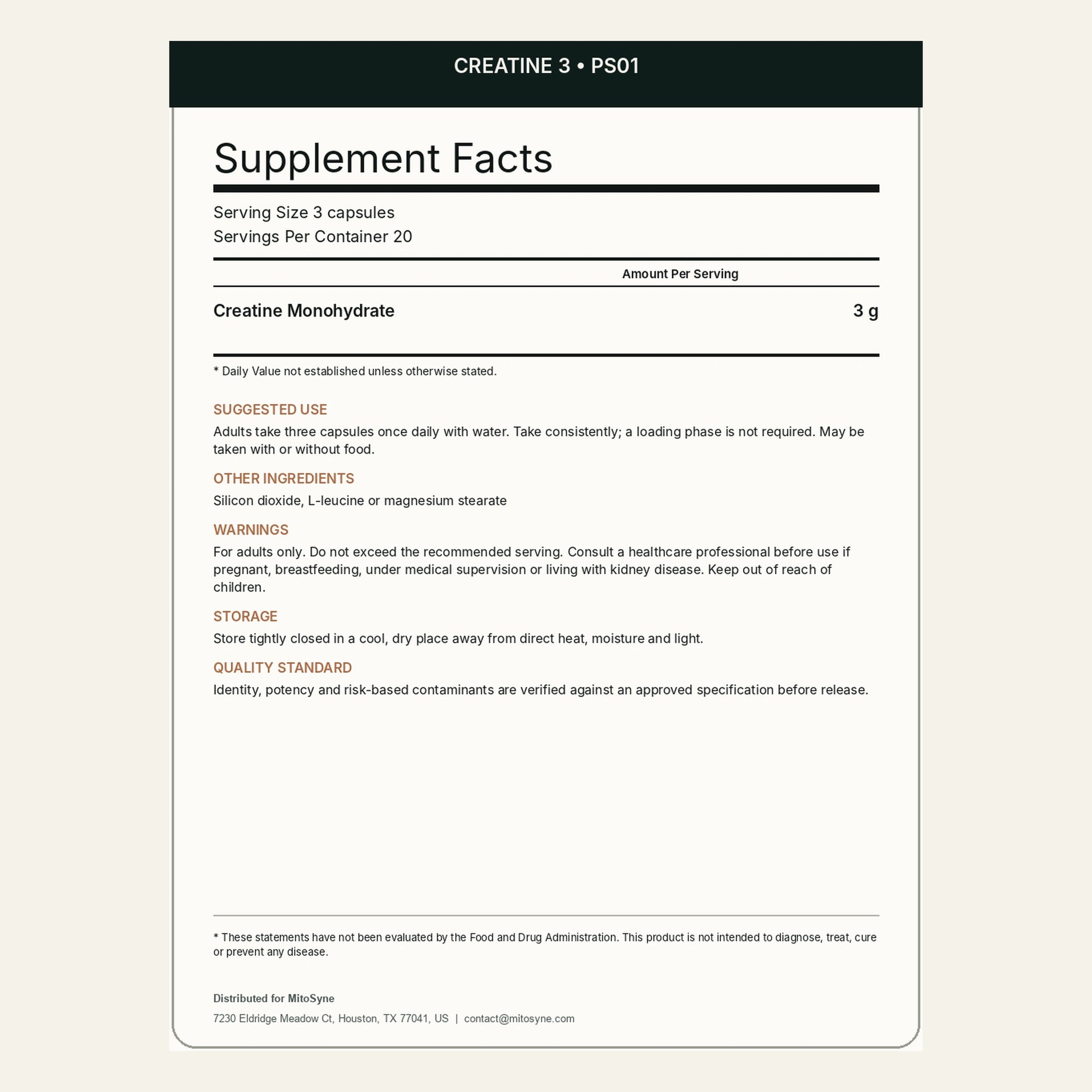 MitoSyne Creatine 3 — Creatine Monohydrate, 3 g — Final back label
