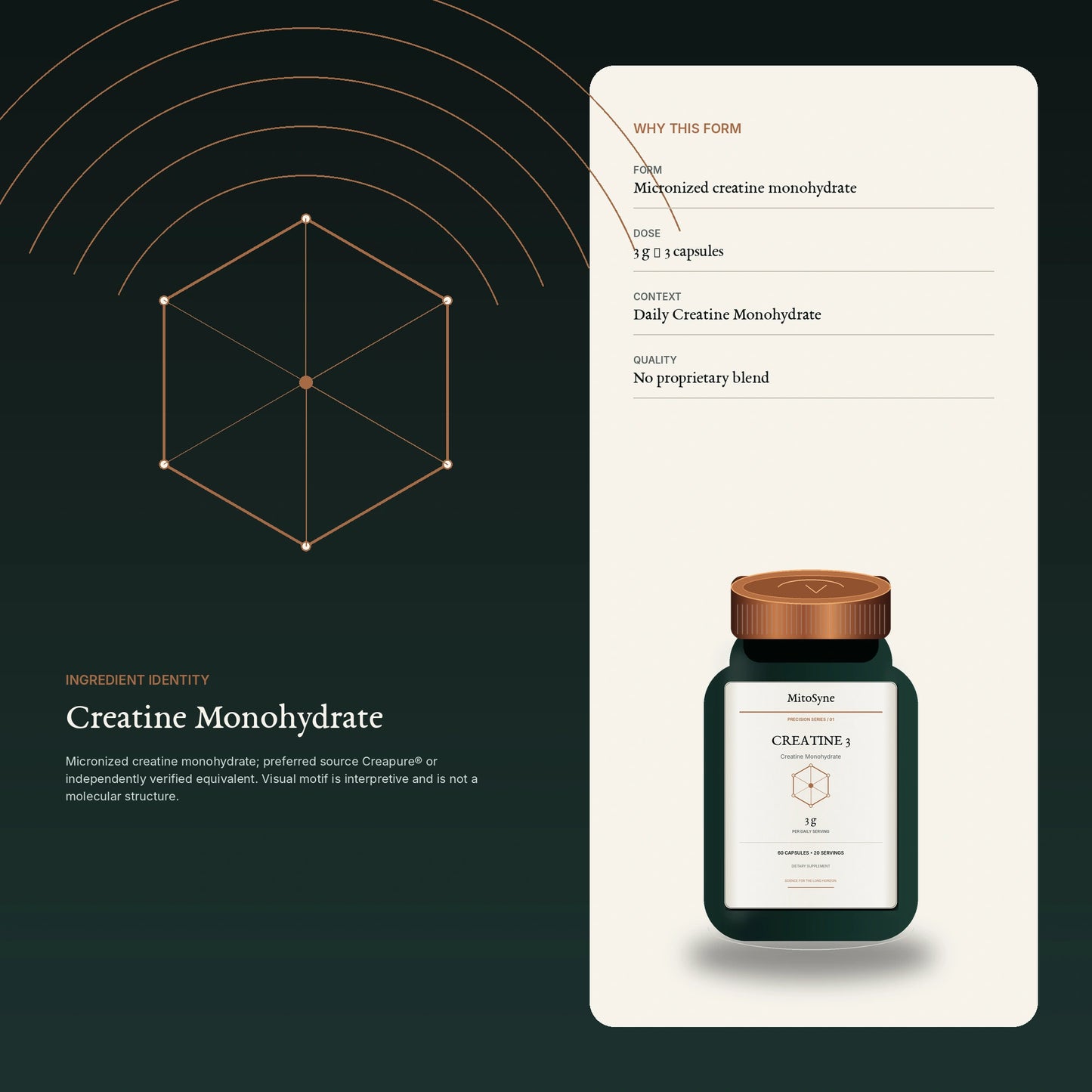MitoSyne Creatine 3 — Creatine Monohydrate, 3 g — Ingredient identity / mechanism-safe visual