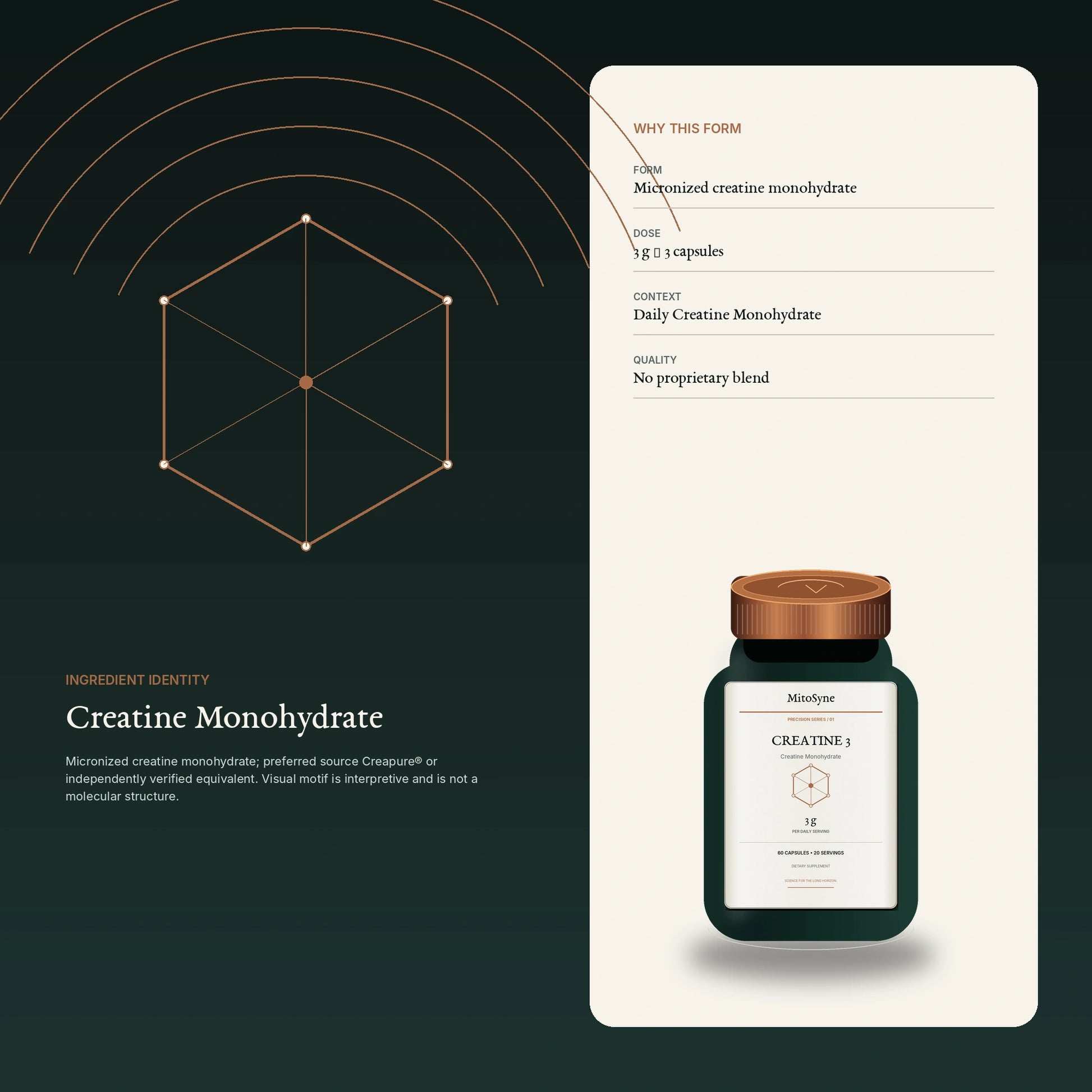 MitoSyne Creatine 3 — Creatine Monohydrate, 3 g — Ingredient identity / mechanism-safe visual