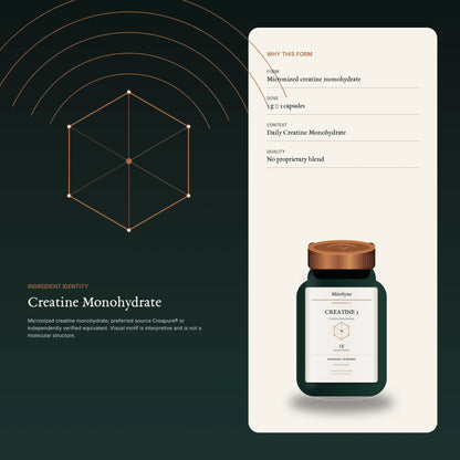 MitoSyne Creatine 3 — Creatine Monohydrate, 3 g — Ingredient identity / mechanism-safe visual