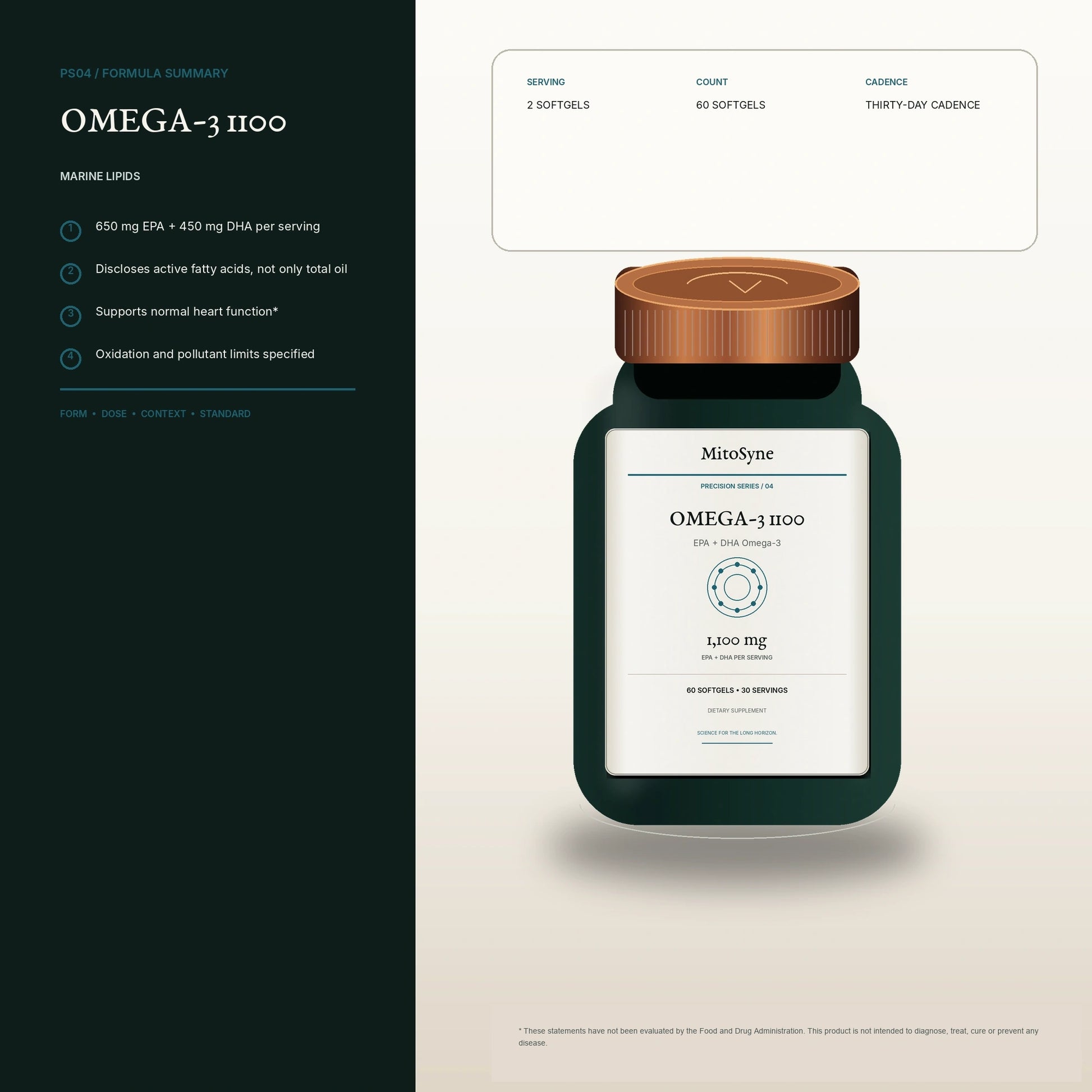 MitoSyne Omega-3 1100 — EPA + DHA Omega-3, 1,100 mg — Benefit and specification summary