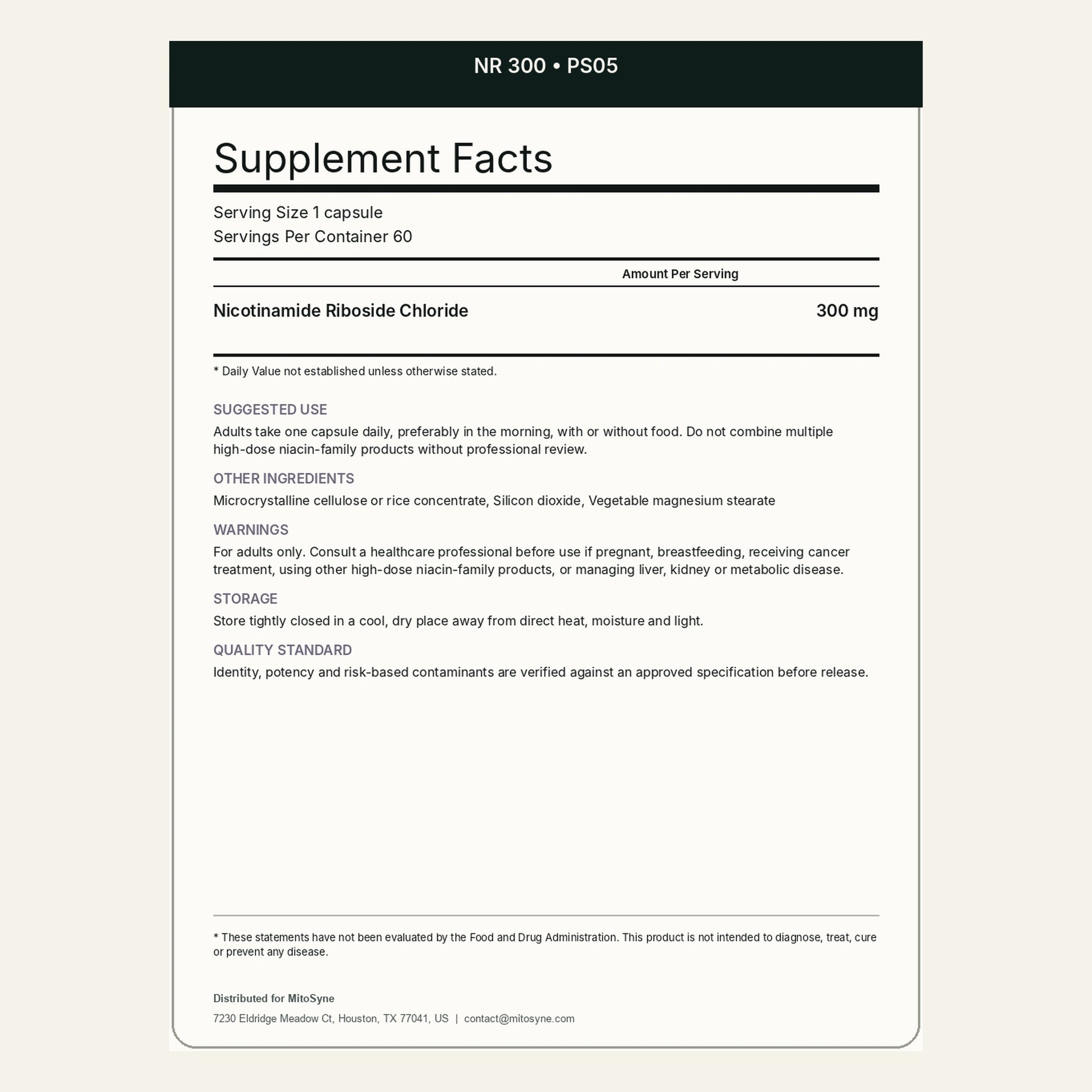 MitoSyne NR 300 — Nicotinamide Riboside Chloride, 300 mg — Final back label
