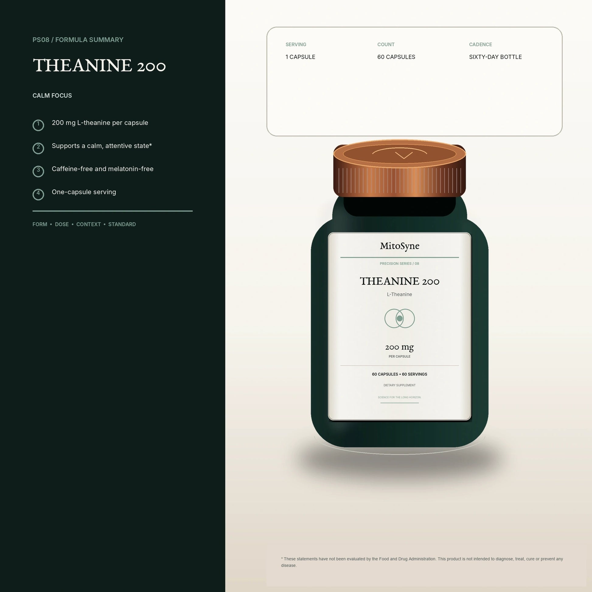 MitoSyne Theanine 200 — L-Theanine, 200 mg — Benefit and specification summary