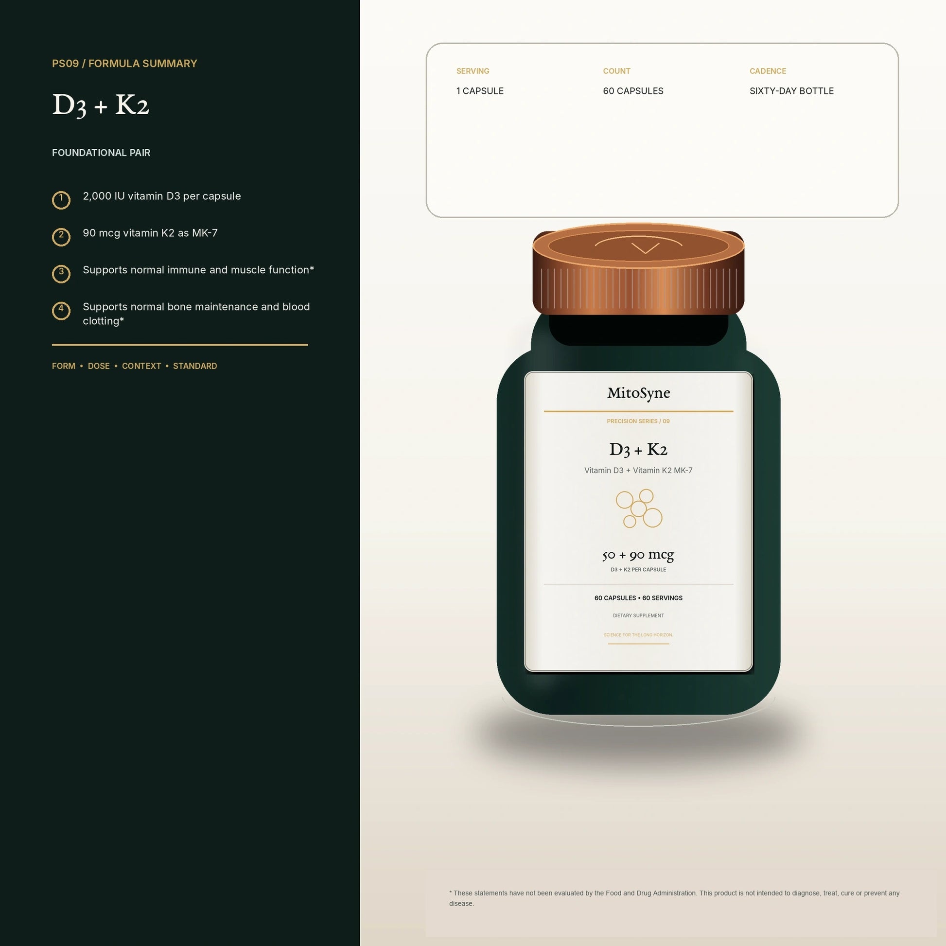 MitoSyne D3 + K2 — Vitamin D3 + Vitamin K2 MK-7, 50 + 90 mcg — Benefit and specification summary