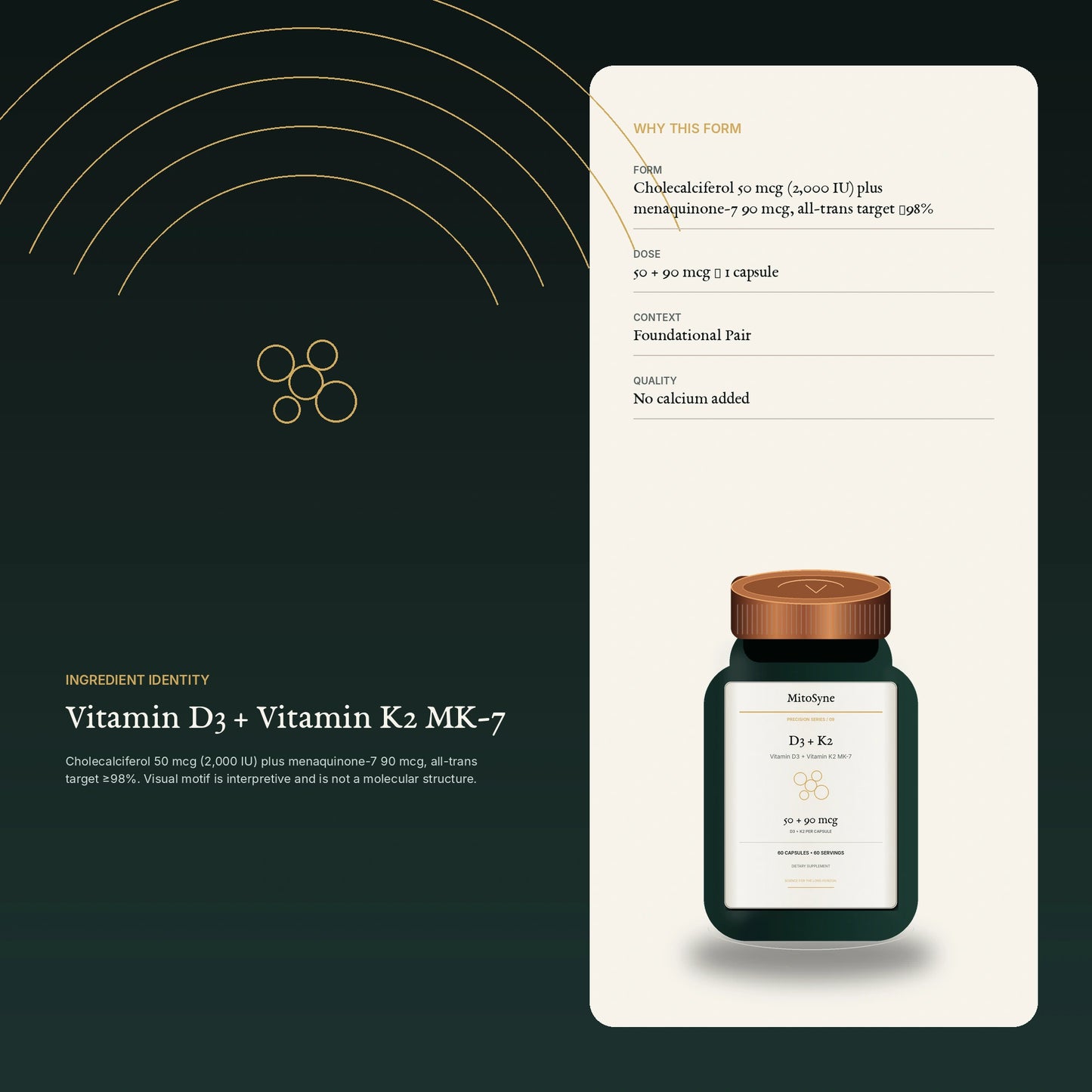 MitoSyne D3 + K2 — Vitamin D3 + Vitamin K2 MK-7, 50 + 90 mcg — Ingredient identity / mechanism-safe visual