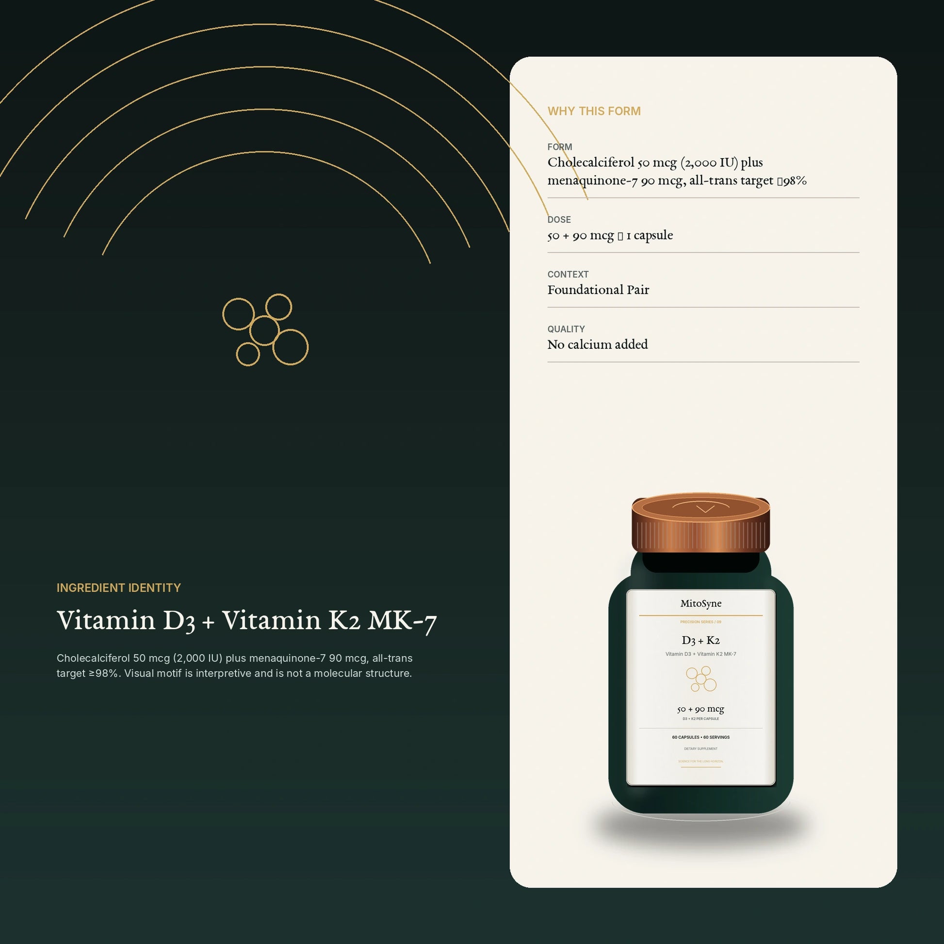MitoSyne D3 + K2 — Vitamin D3 + Vitamin K2 MK-7, 50 + 90 mcg — Ingredient identity / mechanism-safe visual