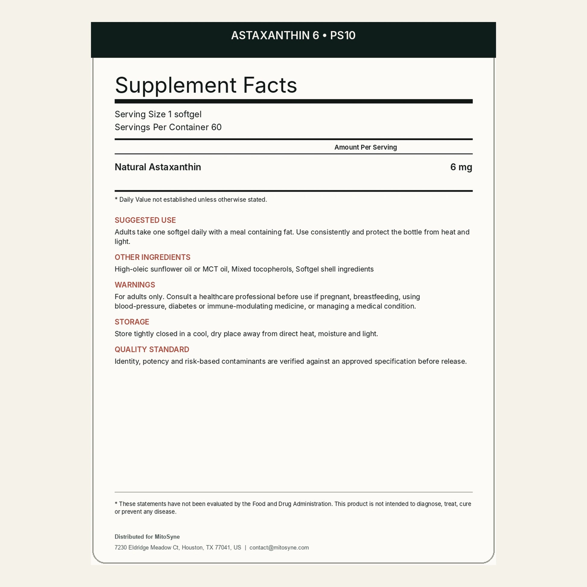 MitoSyne Astaxanthin 6 — Natural Astaxanthin, 6 mg — Final back label
