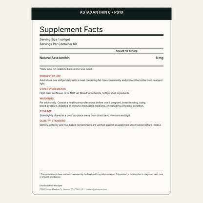 MitoSyne Astaxanthin 6 — Natural Astaxanthin, 6 mg — Final back label