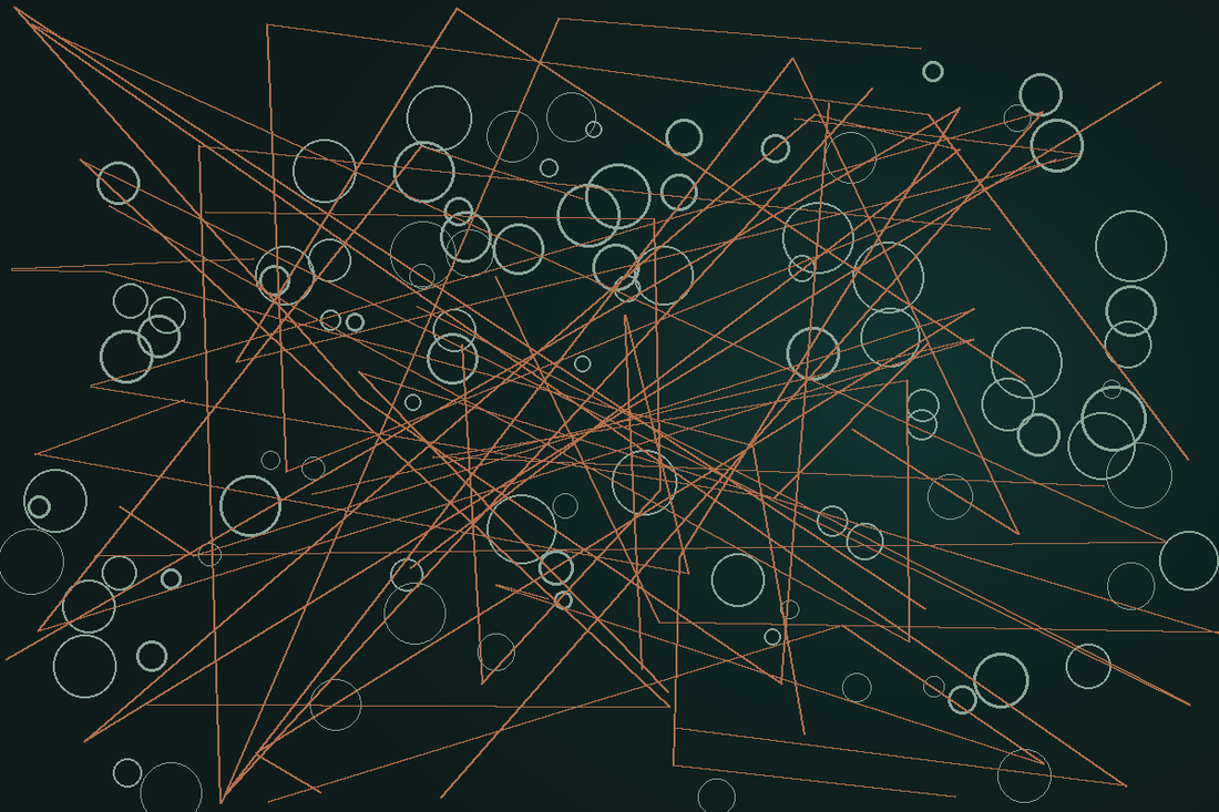 Abstract cellular forms connected by restrained copper lines.