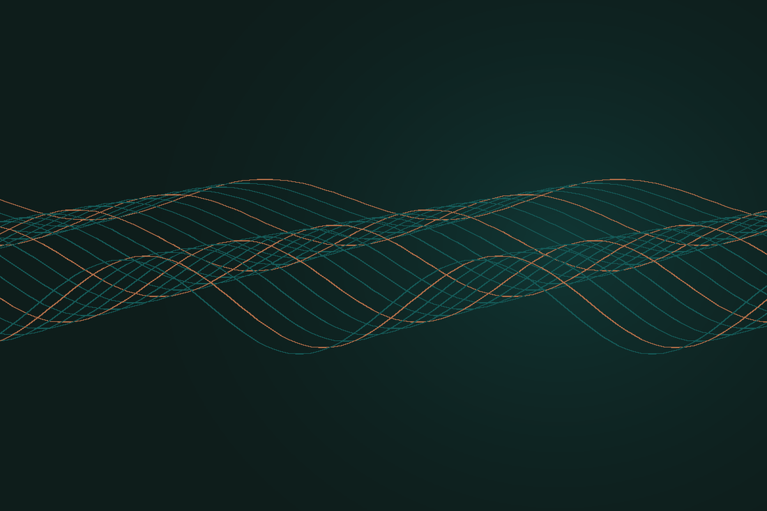 Layered teal and copper energy waves on deep forest.