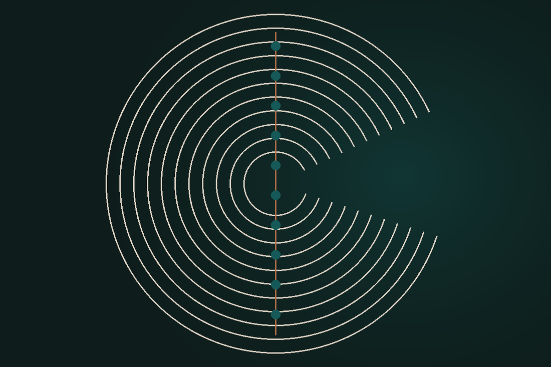 Concentric rings and a vertical copper timeline suggesting continuity.