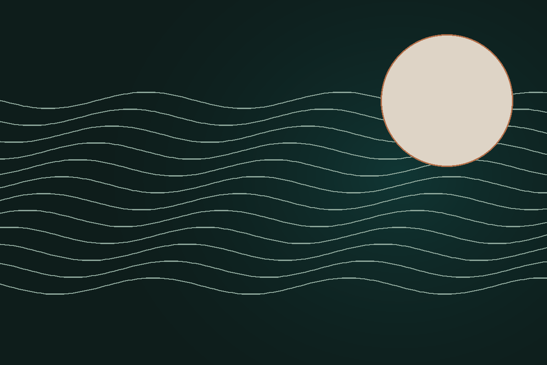 Quiet layered waves and a mineral disc suggesting rhythm and restoration.