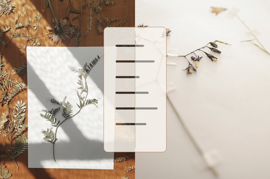 Pressed botanical material arranged with a structured blank ingredient record.