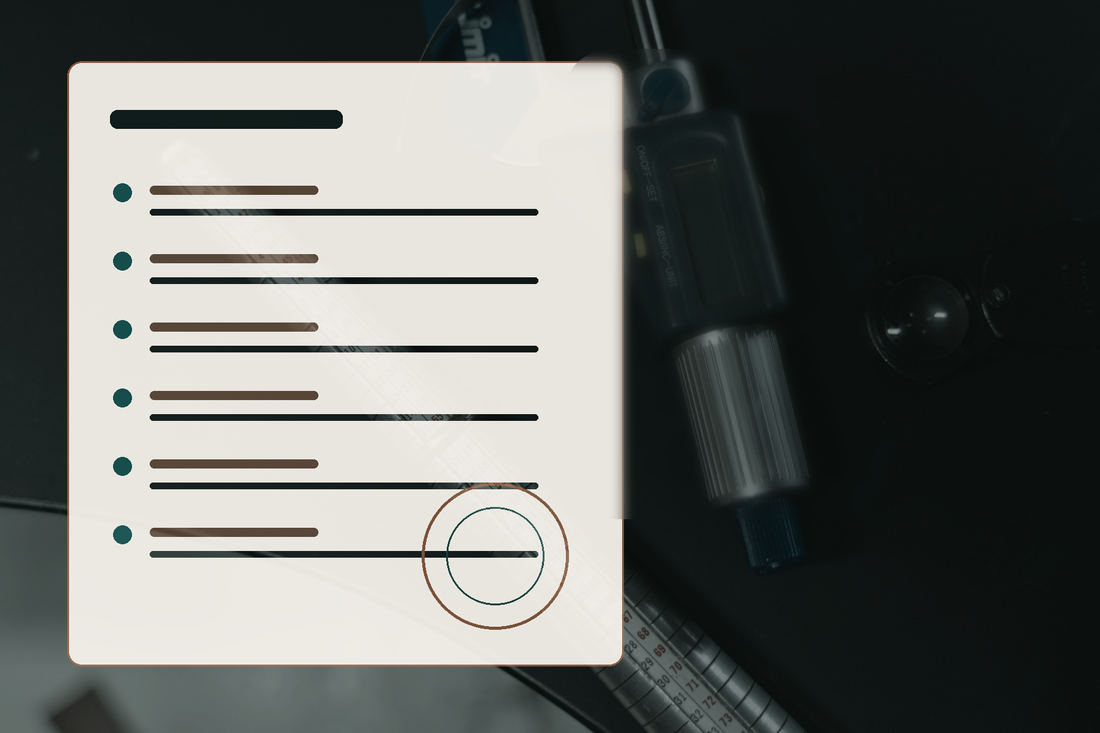 A blank release record beside precision measuring tools in dark forest tones.